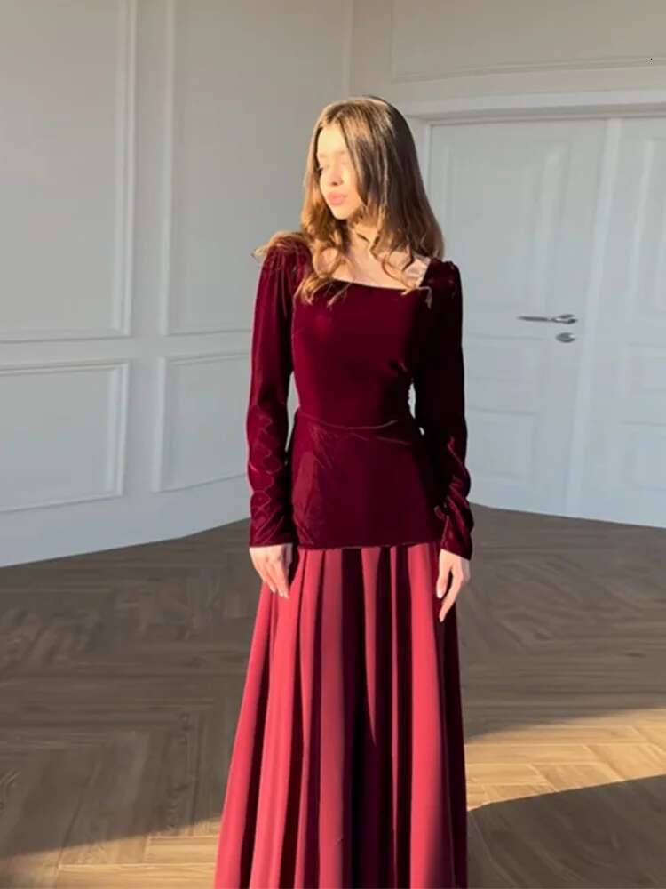 Fashion Pleated For Women Chic Square Collar Long Sleeve Slim Top A E Maxi Skirt Set Spring Female 2 Pcs Suit