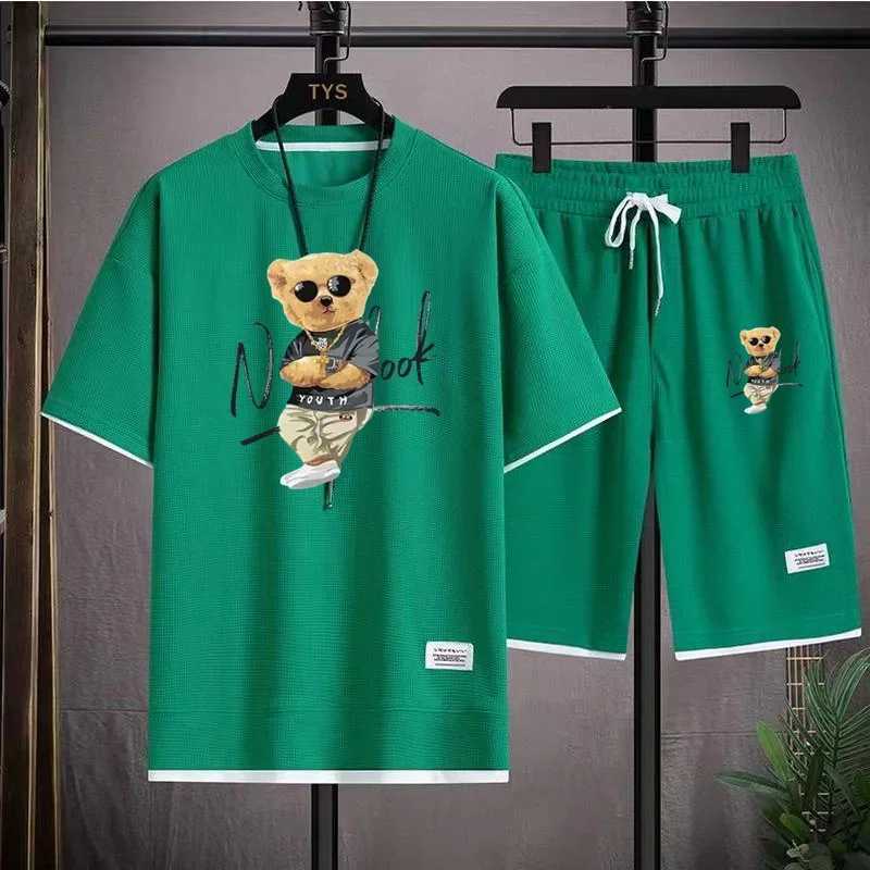 Fashion mens sportswear summer Harajuku casual short sleeved O-neck T-shirt and sports shorts 3D bear print 2-piece setXJ250326