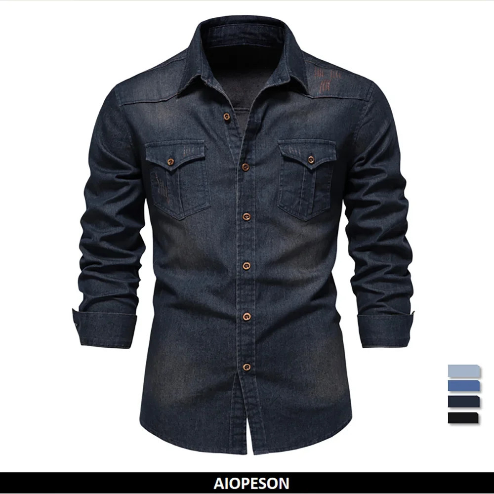 AIOPESON elastic cotton denim shirt mens long sleeved highquality casual slim fit clothing 250326