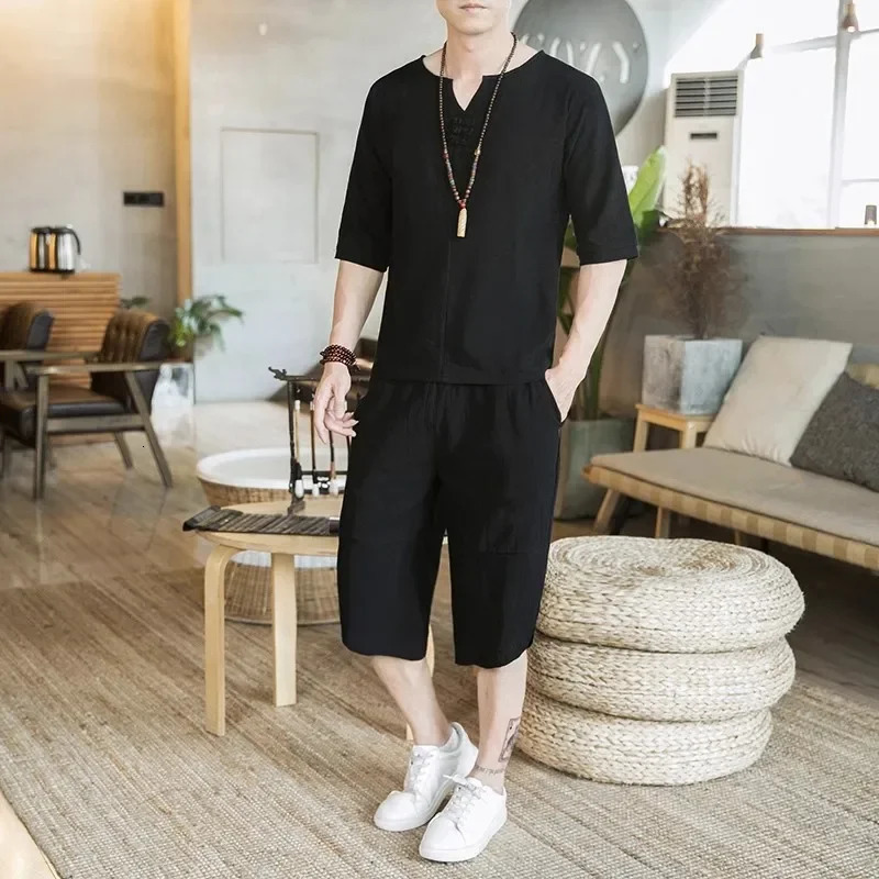 Mens Thin Linen Summer Set China Loose Cotton 2pieceShort Sleeve 2piece 250326
