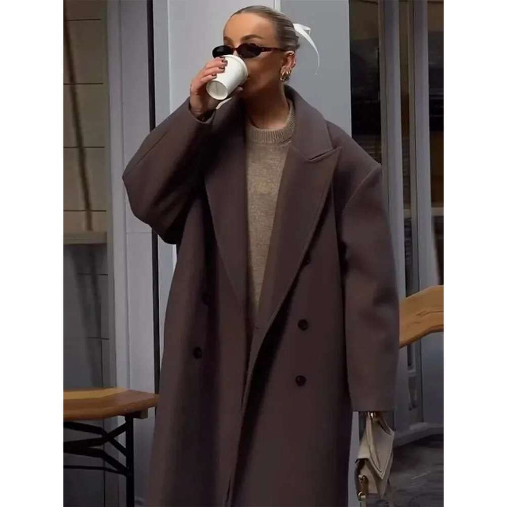 Women's Coat Lapel Women Long Coats Casual Straight Overcoat Double-Breasted Office Ladies Coat Autumn Winter Vintage Streetwear Outwear