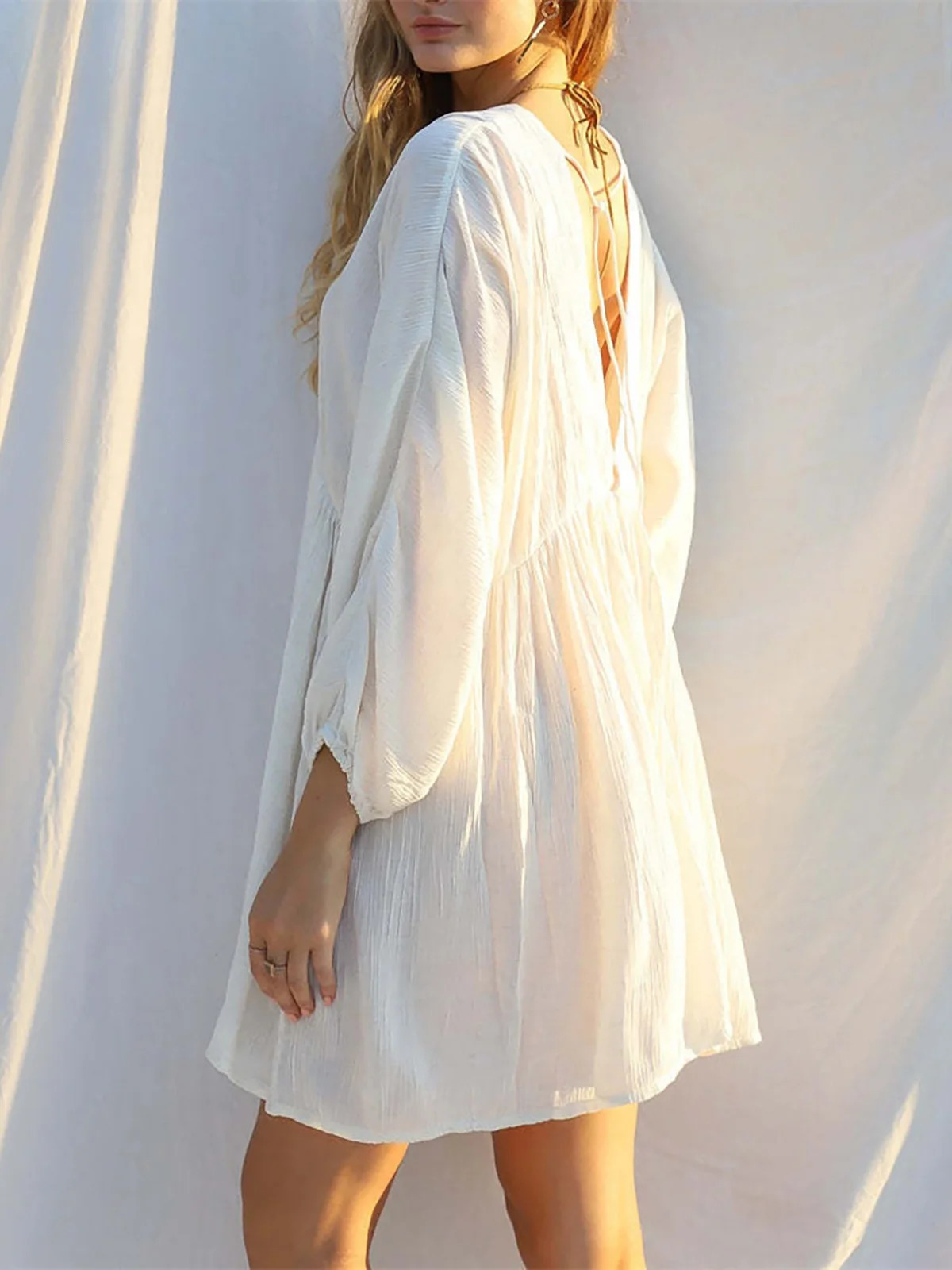 sexy long sleeved Vneck backless cotton tuned beach cover top for womens beach dress K5032 250324