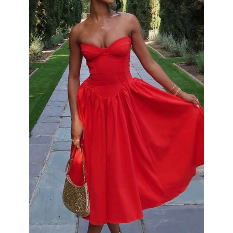 Dongdumaoyi Sexy Rode Buis Vrouwen Zomer Zoete En Pittige Stijl Hot Girl Rok Hoogwaardige Backless Midi Jurk Dameskleding C
