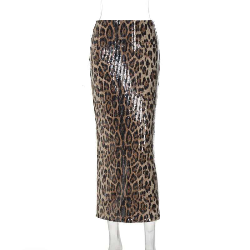 Dongdumaoyi Lente Sexy Nieuwe Luipaardprint Pailletten Bodycon Koningin Stijl Lange Split Rok C