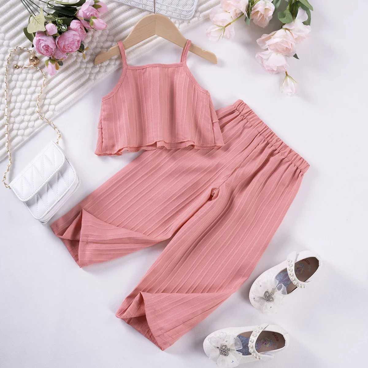 2024 Summer Casual Fashion Set for Preschool Girls Solid Color Wave Striped Strap Pants 2 pieces Baby Girls Clothing Hot SellingT250327