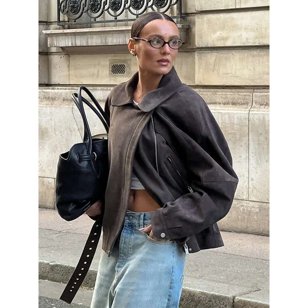 Women's Coat Vintage Women's Belt Short Suede Jackets Street Lapel Long Sleeve Zipper Female Coats Spring Lady Patchwork Moto Outerwears