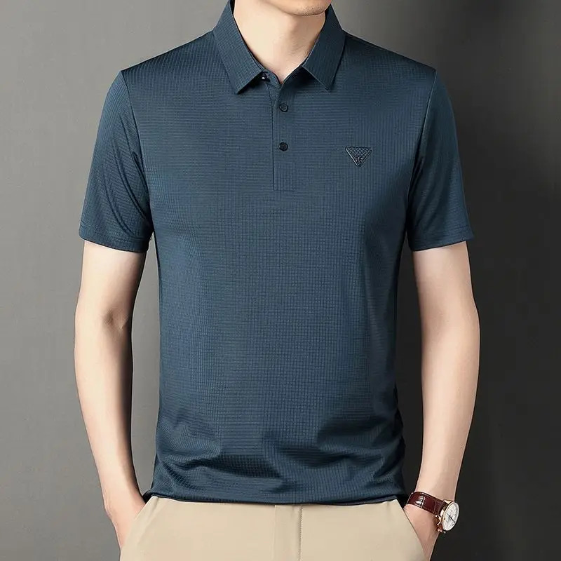 Ice Silk Mens Tshirt Shortsleeved POLO Shirt Solid Color Business Top Dad Middleaged 250311