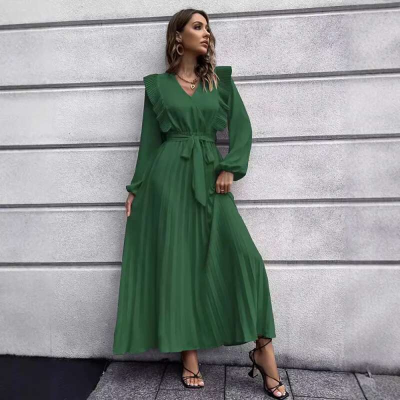 Dongdumaoyi Elegante Uitlopende Geplooide Maxi Jurk Met V Hals Sexy Verfijnd En Comfortabel Waard Om Te Hebben