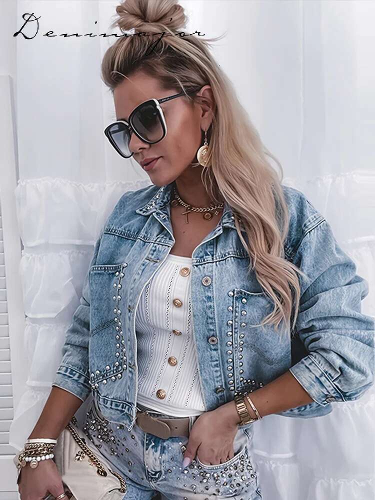 High Street Rivet Denim Women Jacket Turn-Down Collar Single Breasted Female Coats Spring Summer New Chic Y2k Lady Jackets