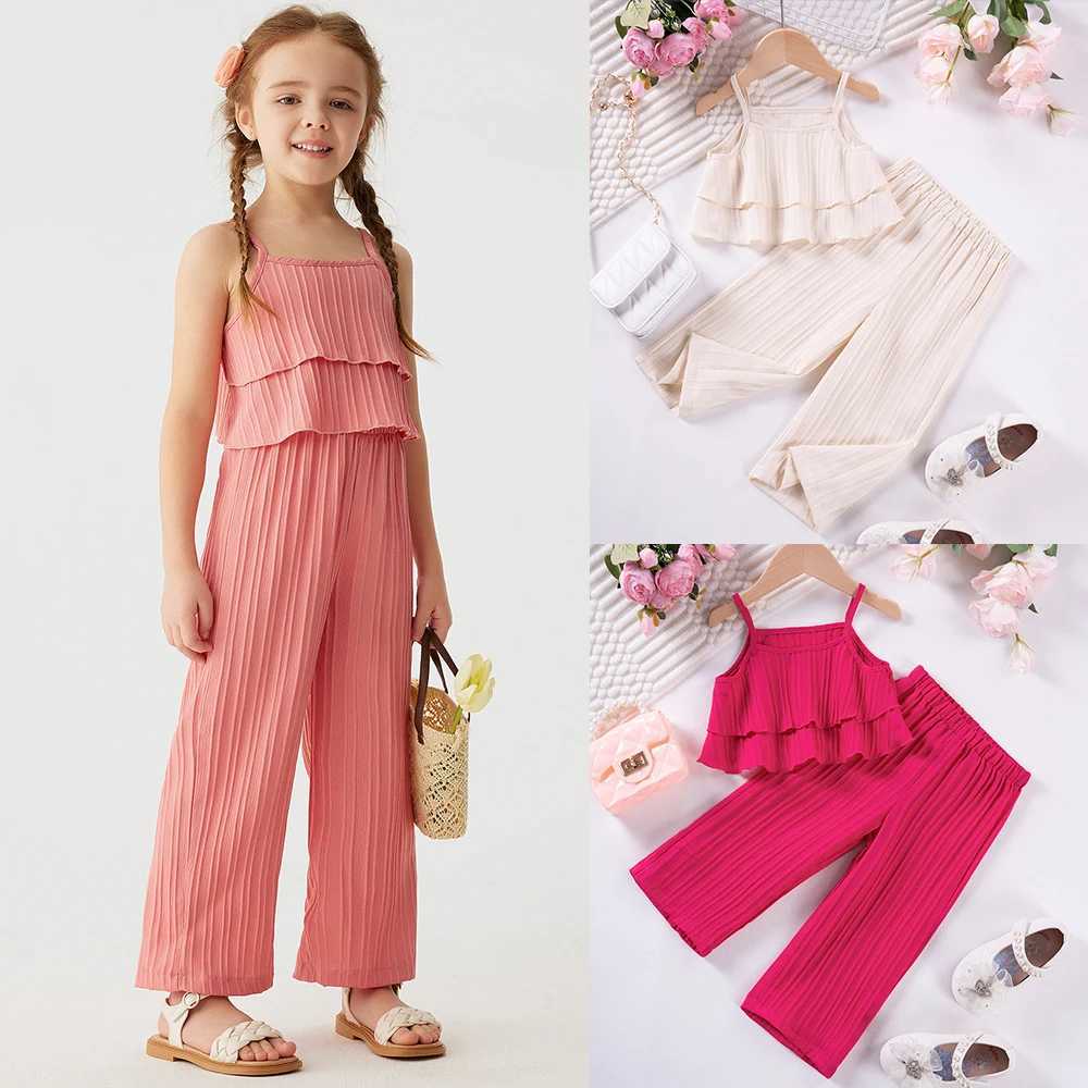 2024 Summer Casual Fashion Set for Preschool Girls Solid Color Wave Striped Strap Pants 2 pieces Baby Girls Clothing Hot SellingT250327