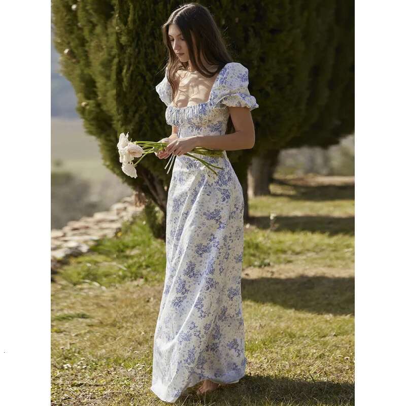 Dongdumaoyi Nieuwe Lente Sexy Vierkante Hals Pofmouwen Bloemen Tie Taille Jurk C