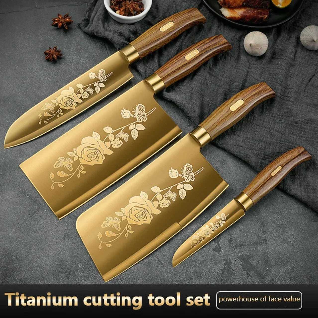 Gold Rose Pattern 4-Piece Kitchen Knife Set Luxury Stainless Steel Chef Knives for Cooking Sharp Professional Kitchen ToolsC250327