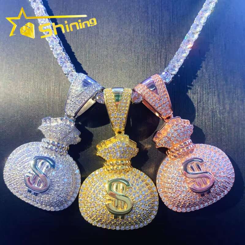 Hip Hop 925 Sterling Silver US Dollar Money Bag Moissanite Pendant Iced Out Fashion Men Charms Pendant for Necklace