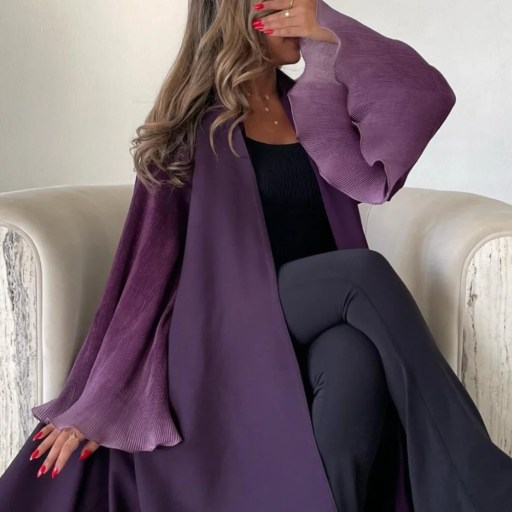 Middle East Abaya Muslim Womens Flame Sleeve Casual Arab Pleated Open Front Abayas Kaftan Islamic Dress 250326