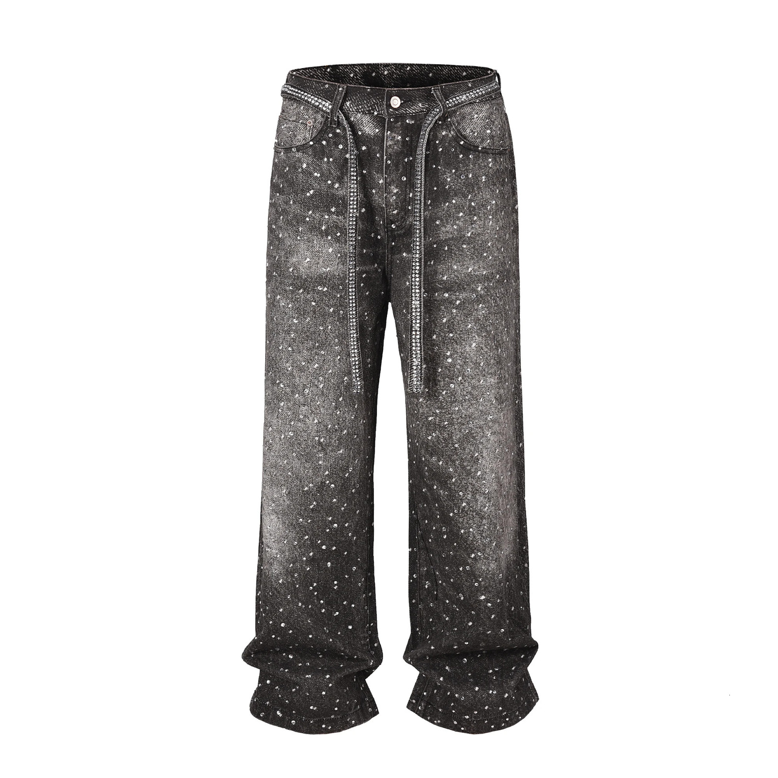 Full Rhinestone Print Washed Blue Baggy Jeans Mens and Women Ropa Hombre Streetwear Solid Casual Denim Trousers Loose Cargos 250317