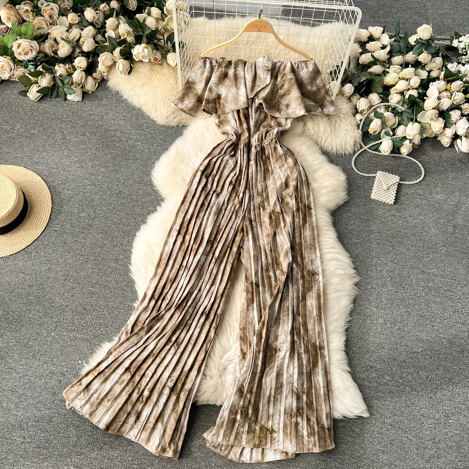 Womens jumpsuit summer casual dyed shoulder pleated lace waistband wide leg holiday loose 250326