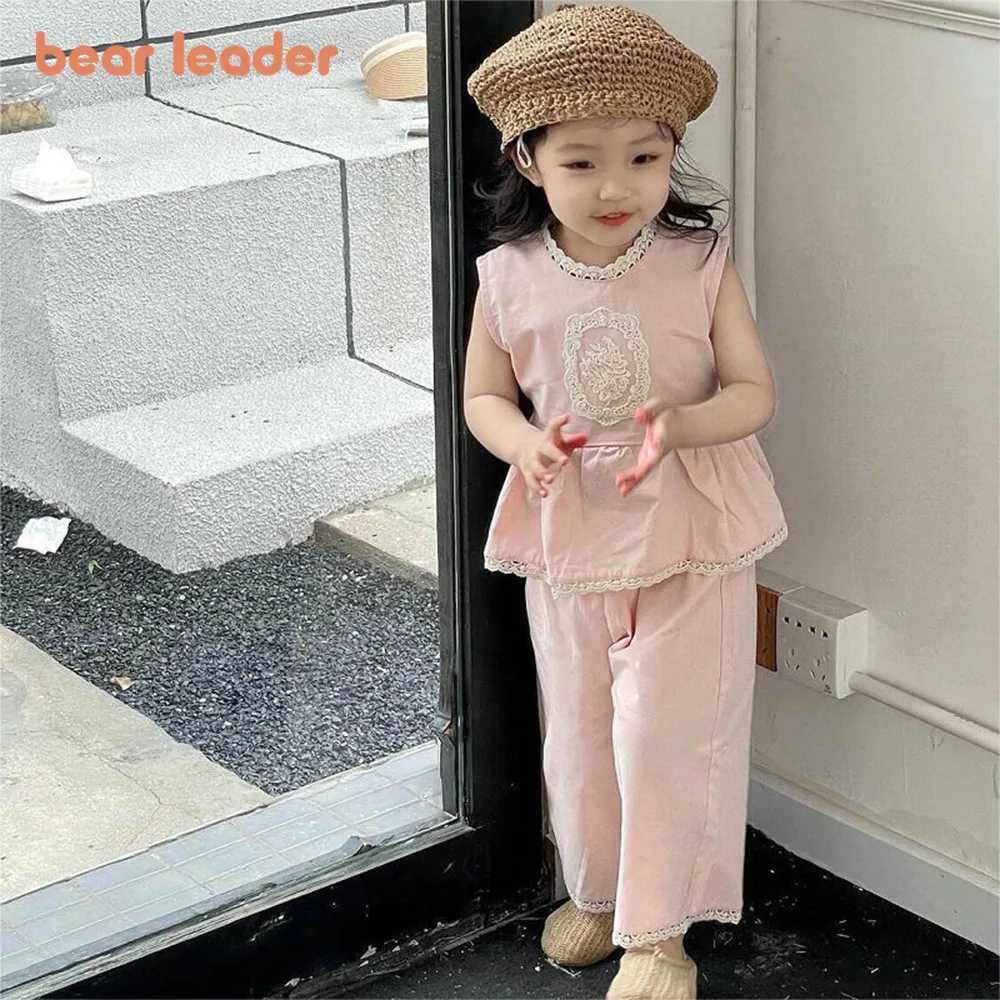 Bear collar 3-7Y summer pink girls casual clothing set sleeveless lace stand up collar top+pants two-piece set childrens clothingT250327