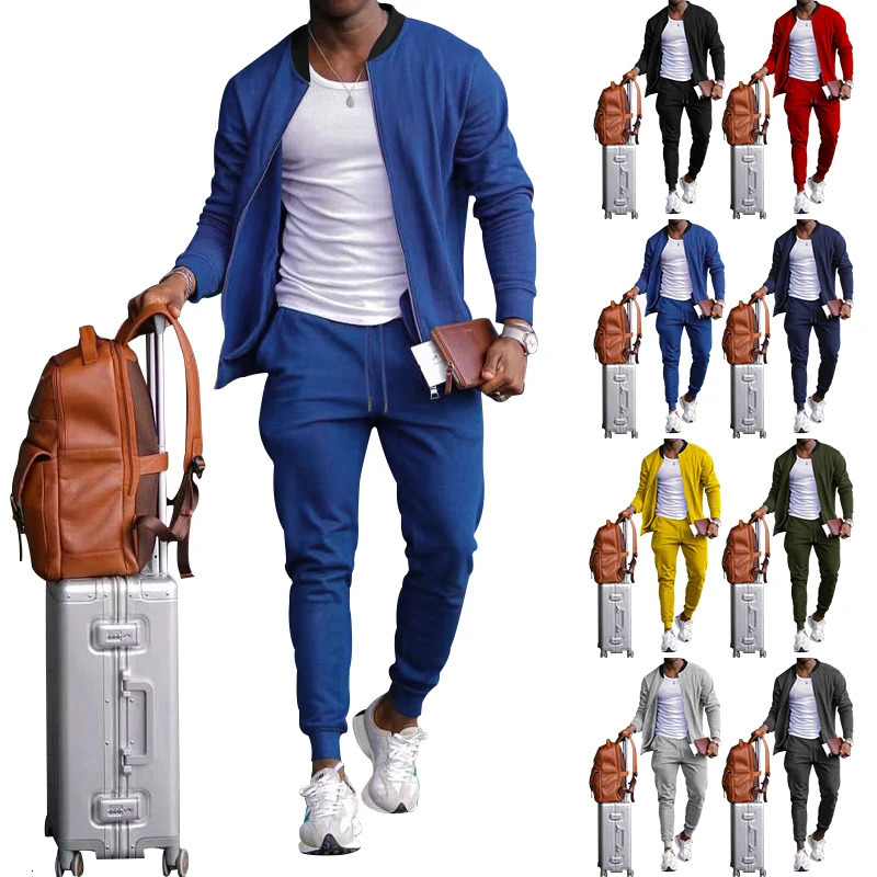 Spring and summer mens casual sports solid color stand up collar zipper jacket pants twopiece set clothing 250326