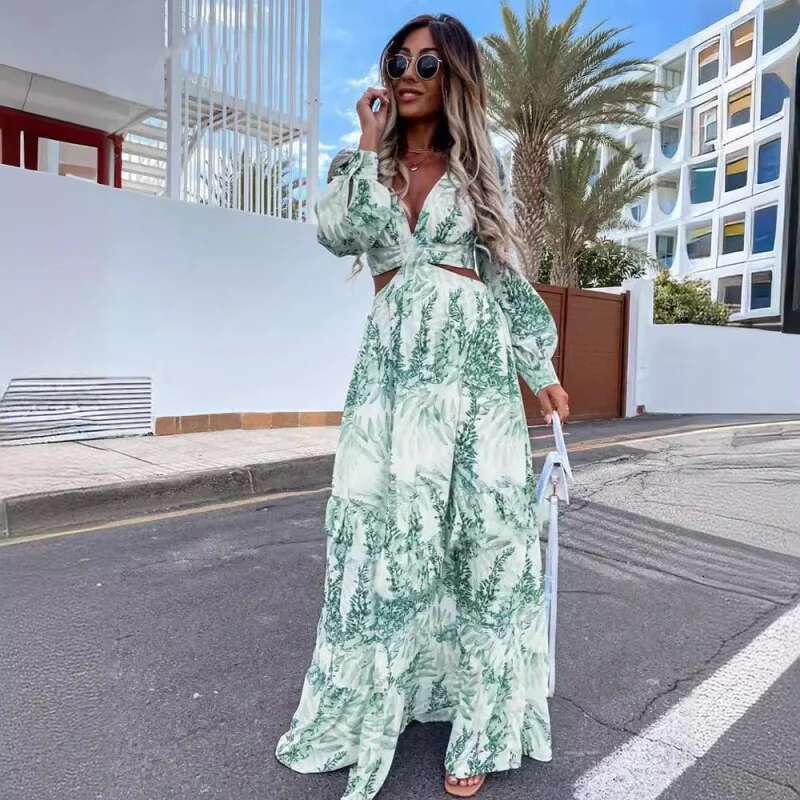 Dongdumaoyi Mode Dames Lente Nieuwe Lange Print V Hals Elegante Jurk Met Mouwen C