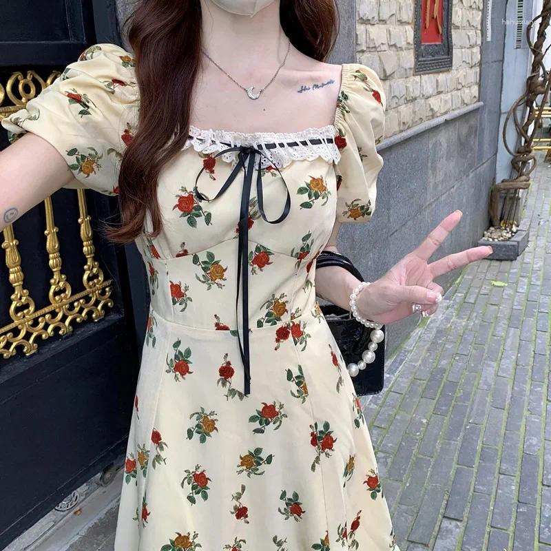Plus Size Dresses Summer French Style Square Collar Splice Bubble Short Sleeve Slimming Length Chiffon Dress Wome...