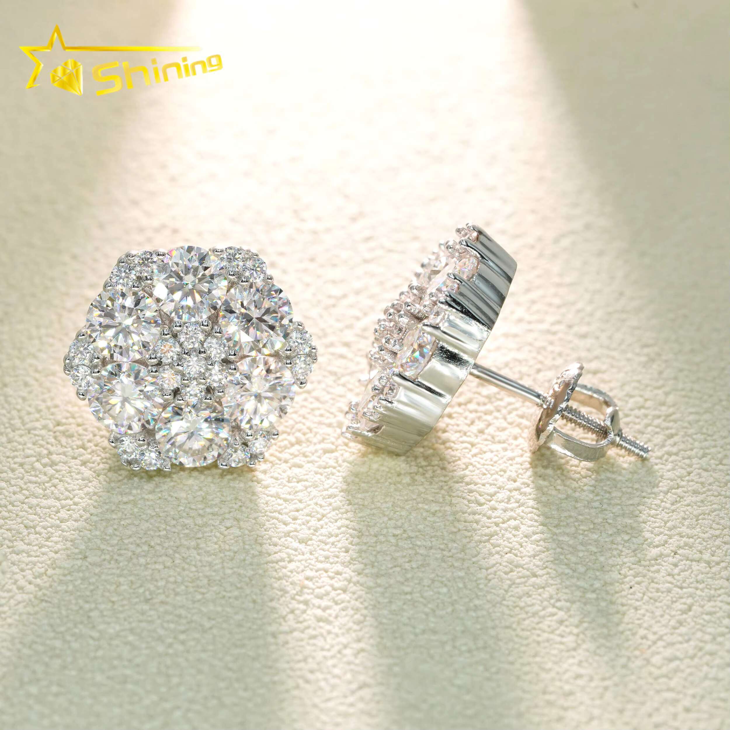 Luxury High Quality Hot Sale Flower Design Bling Jewelry 925 Sterling Silver Hip Hop Iced Out Moissanite Stud Earring Earrings