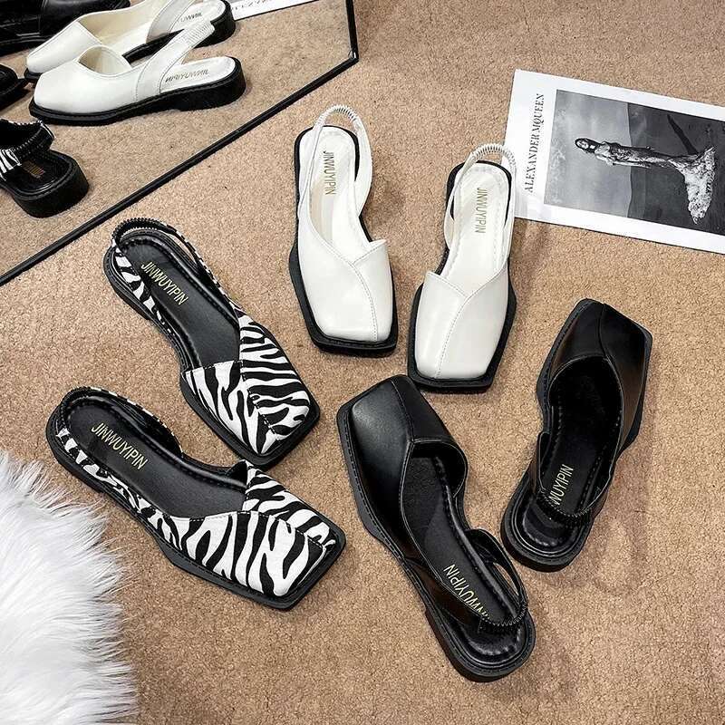 Closed Toe Sandals Fashion Womens Shoes Suit Female Beige Med Block Low heel Shallow Mouth Black Summer Sandalias
