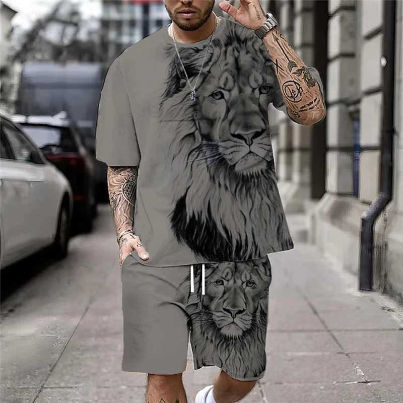3D Lion Print Mens Cool T-shirt Set Summer Mens Set Street Style Oversized Graphics 2PCS Mens ClothingXJ250326