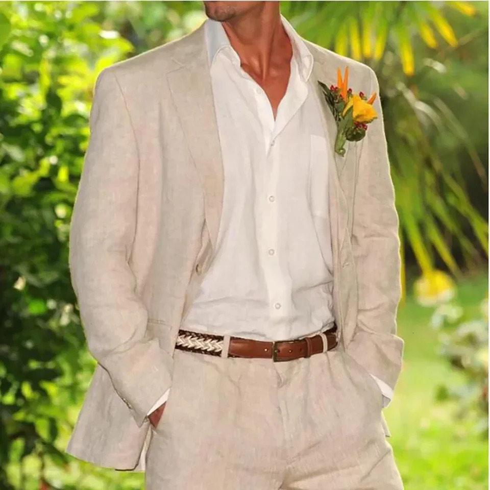 Beige linen mens casual 2piece jacket pants single hole lapel beach highquality full set 250326