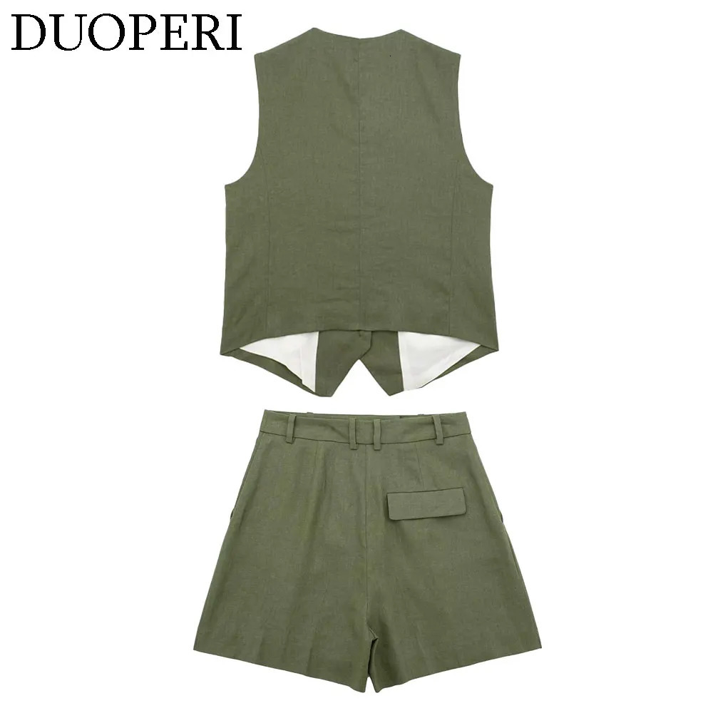 DUOPERI Women 2 Pieces Sets Plain Linen Tops Vest and Shorts Chic Lady Casual Basic Business Waistcoat Coordinates 250311