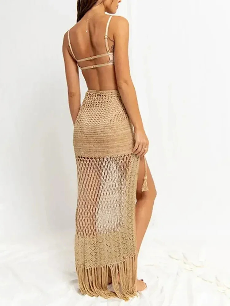OIINAA Beach Dress Womens Sexy Solid Beach Dress Knitted Hollow Swimsuit Tassel Beach Dress Summer Dragging Swimsuit 250324