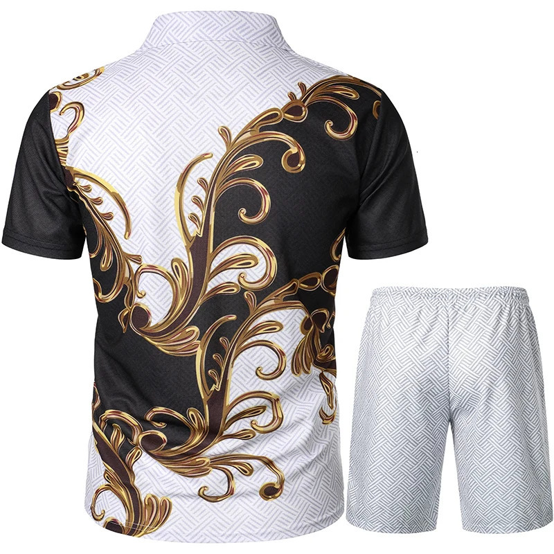 Mens summer fashion casual 3D printed polo shirt collar set 250326