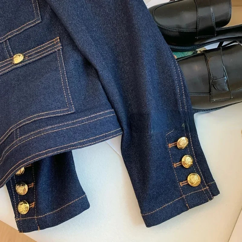 Womens denim jacket with spring and autumn buttons retro Chaquetas Korean fashion blue simple chic B386 250326
