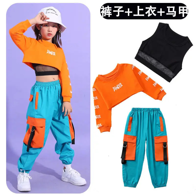 Summer Girls Hip Hop Clothes Set Kids Crop Top Cargo Pants Street Dance Children Jazz Outfits Teen Streetwear Costumes 4-14Yrs 250326