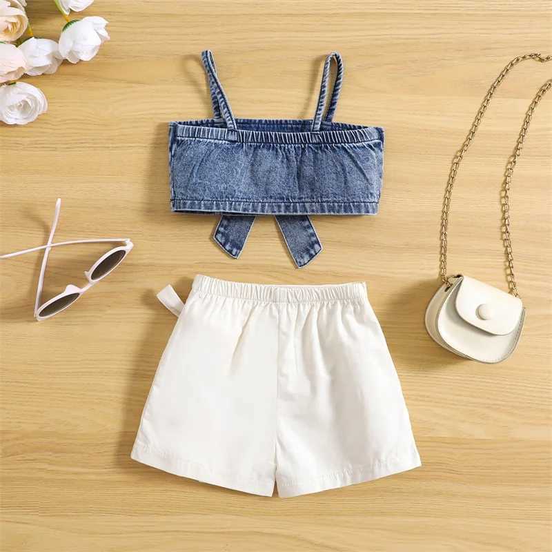Pudcoco Childrens Baby Girls Summer 2-piece Solid Sleeveless Bow Denim Tank Top and Elastic Casual Ski Shorts Set 1-6TT250327