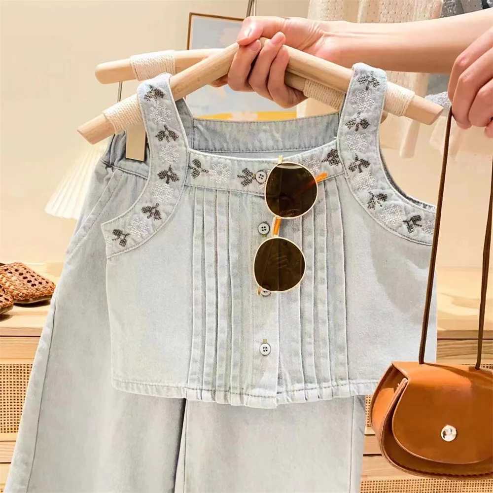 Summer new girls vest set childrens embryonic flower hanging jeans two-piece setT250327