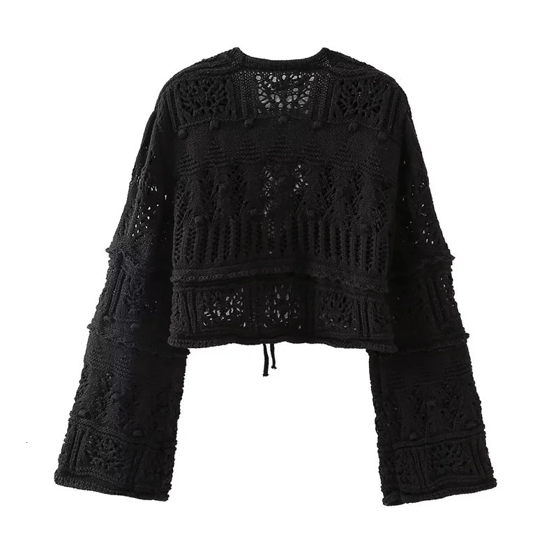 KEYANKETIAN Autumn Womens Hollow Hooked Strap Short Sweater Bohemian Holiday Style Flash Sleeves Black Crop Knitted Cardigan 250326