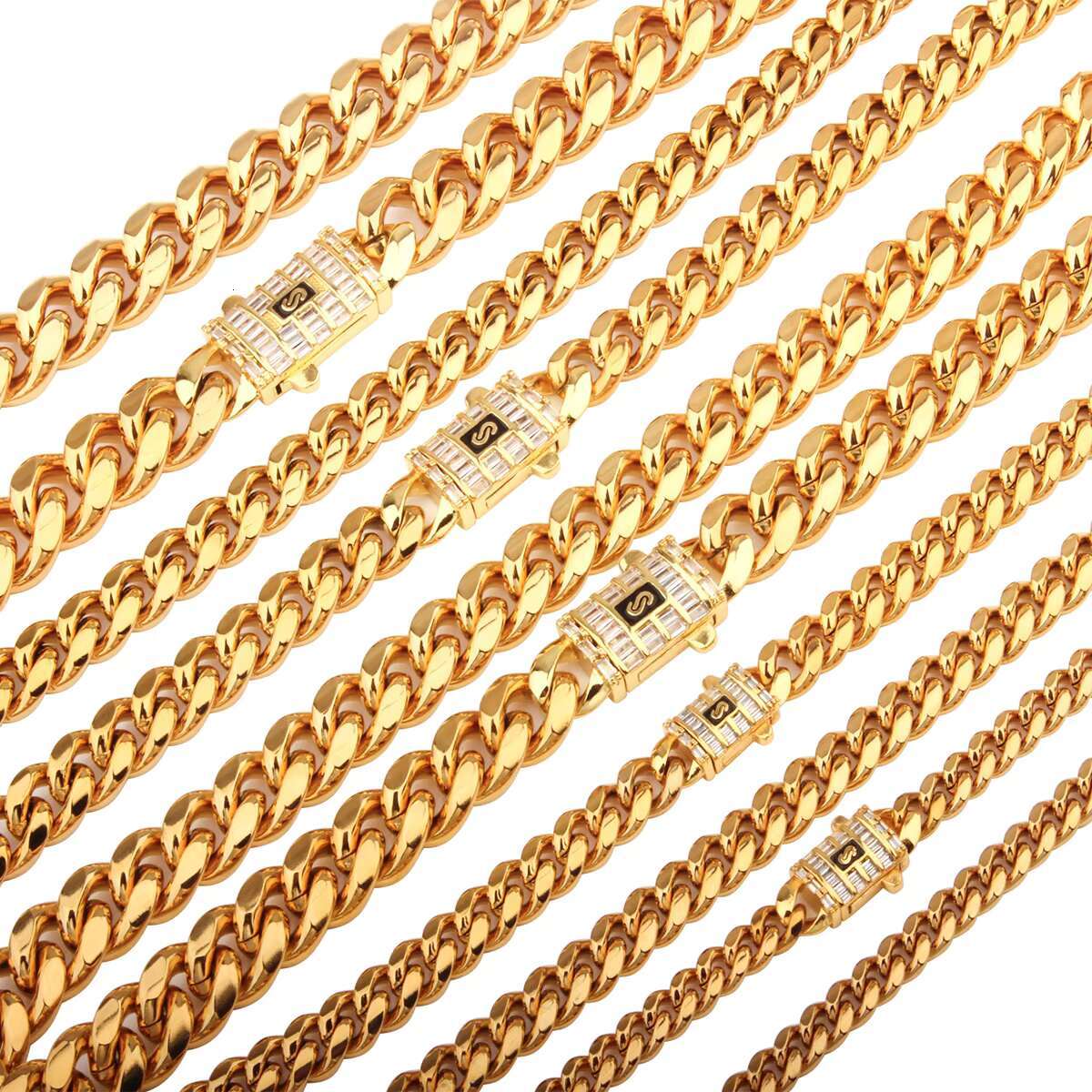 HipHop 18k Gold Plated 6mm-14mm Miami Cuban Chain Fashion Stainless Steel Monaco Zirconia Cuban Link Chain Jewelry