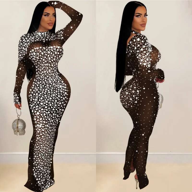 Dongdumaoyi Mode Dameskleding Pure Kleur Mesh Hot Boren Jurk Met Lange Mouwen C