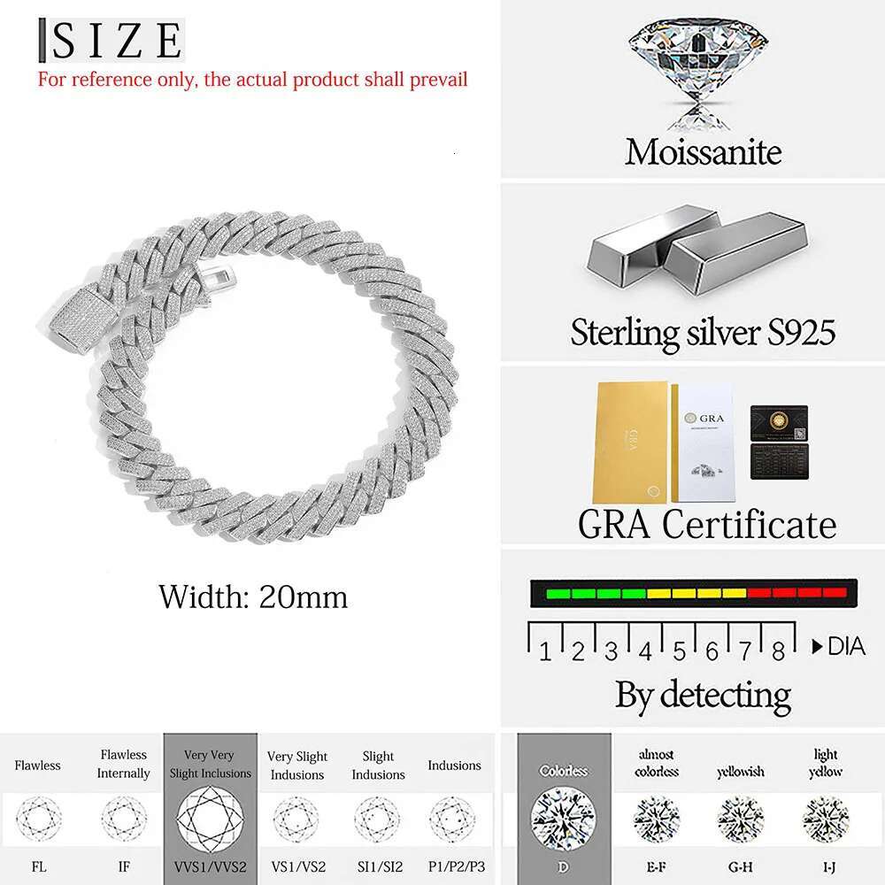 Pass Diamond Test Hip Hop Jewelry VVS1 Stone Shiny 2row 3row Men Women 925 Sterling Silver Necklace Moissanite Cuban Link Chain