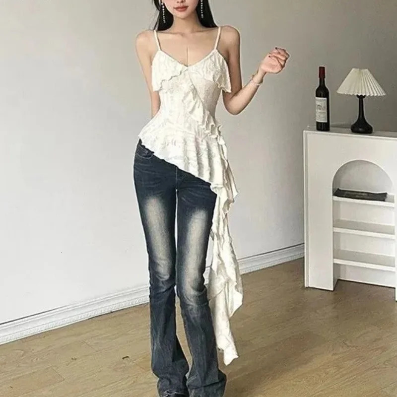 Spicy Girls Camisole VNeck Short Sleeve Top Sexy Womens Irregular Tshirt and Shirt Gothic Ruffle Tank 250326