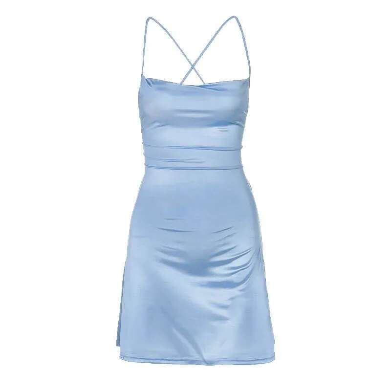 Dongdumaoyi Uniek Ontwerp Sexy Laag Uitgesneden Backless Hemelsblauwe Damesjurk Met Spaghettibandjes