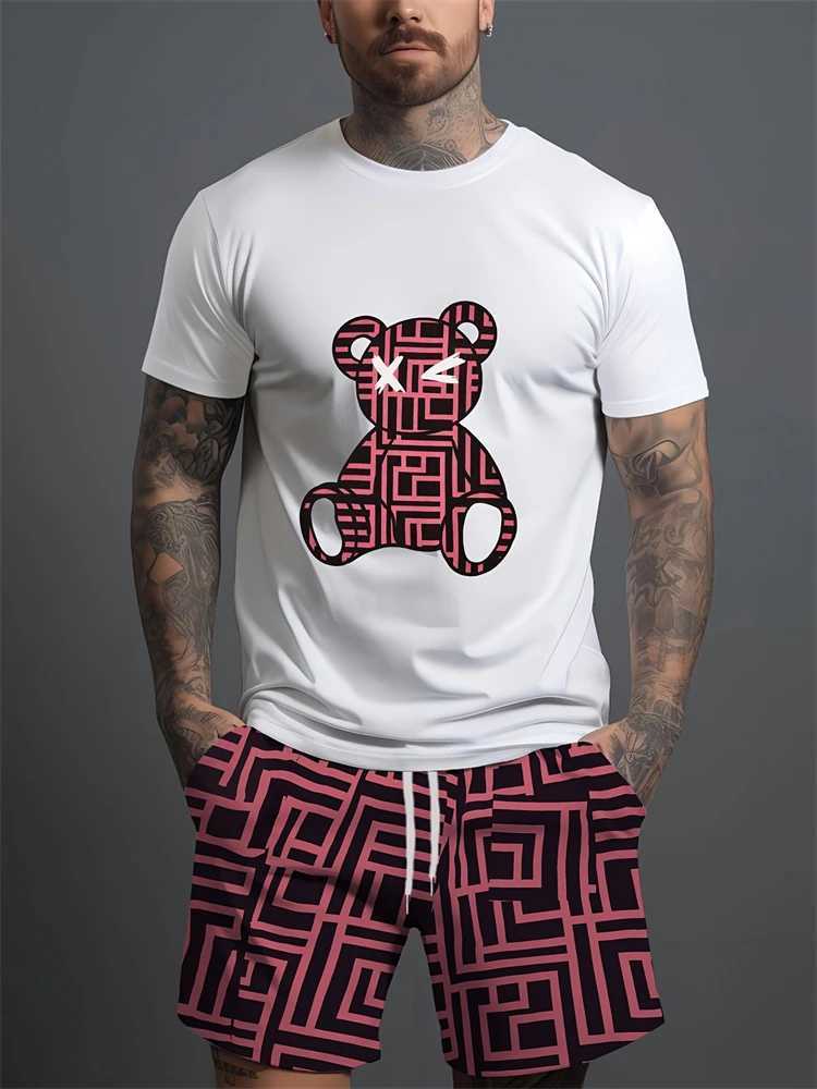 2025 Summer Casual Short Sleeve Trend Breathable Sportswear Loose Quick Drying Mens Short Sleeve Hip Hop Bear Pattern Printed SetXJ250326