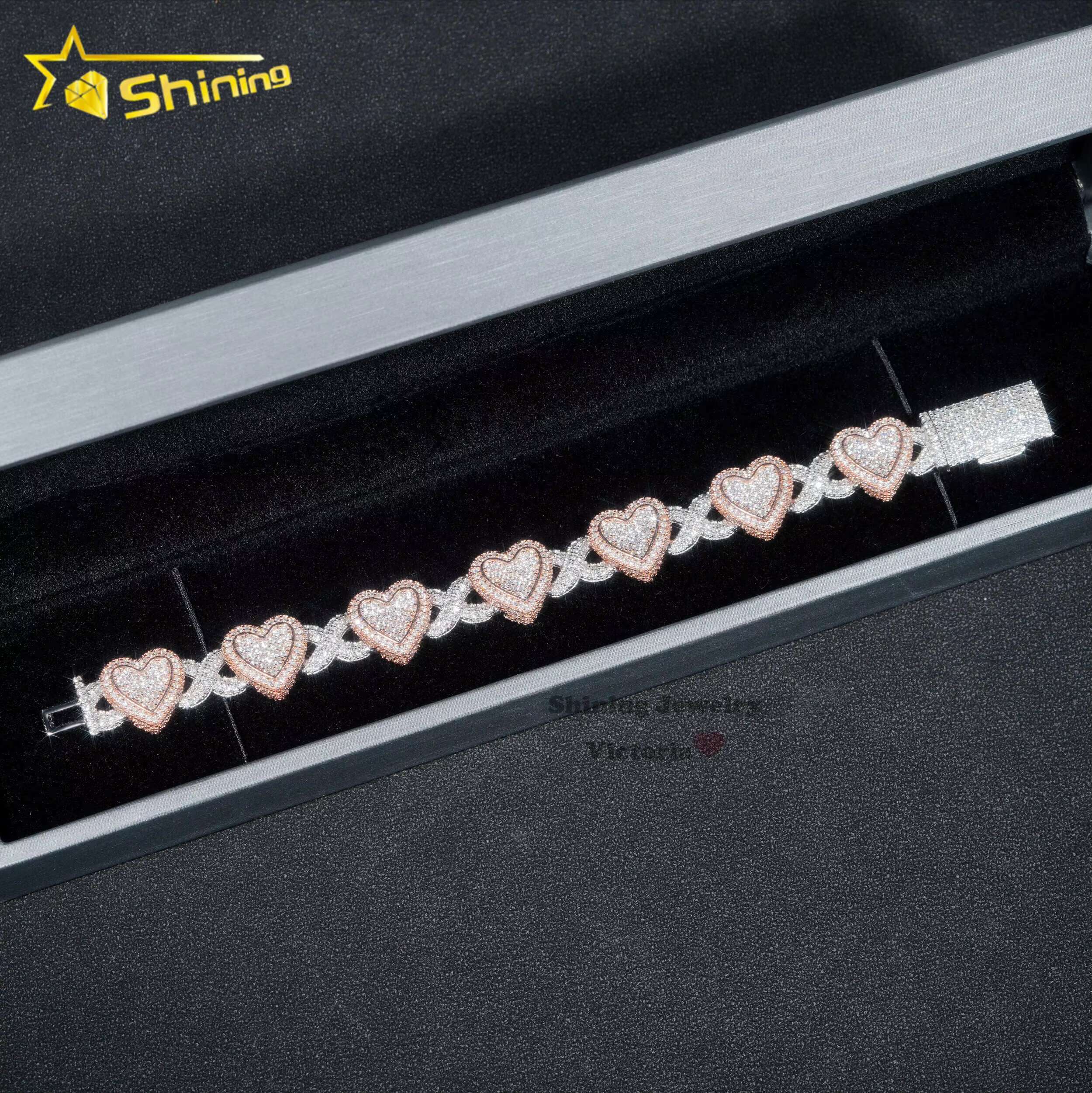 New Design 13mm Luxury 925 Sterling Silver Two Stone Rose Gold Iced Out Hip Hop Jewelry VVS Moissanita Diamond Heart Bracelet