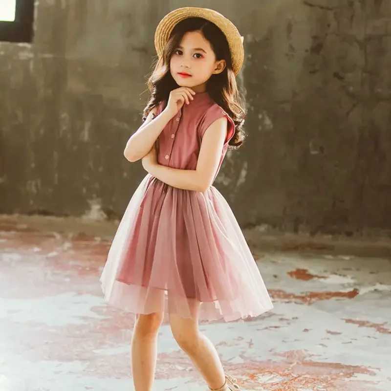 Childrens girls pink shirt dress 2024 new childrens sweet vest lace patchwork teenage girls mesh dress Japanese sled W250326