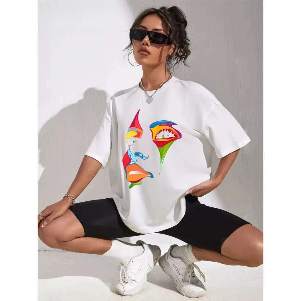 Latest color facial print cotton T-shirt for women's summer loose plus size short sleeved T-shirt for women's high street Gothic top