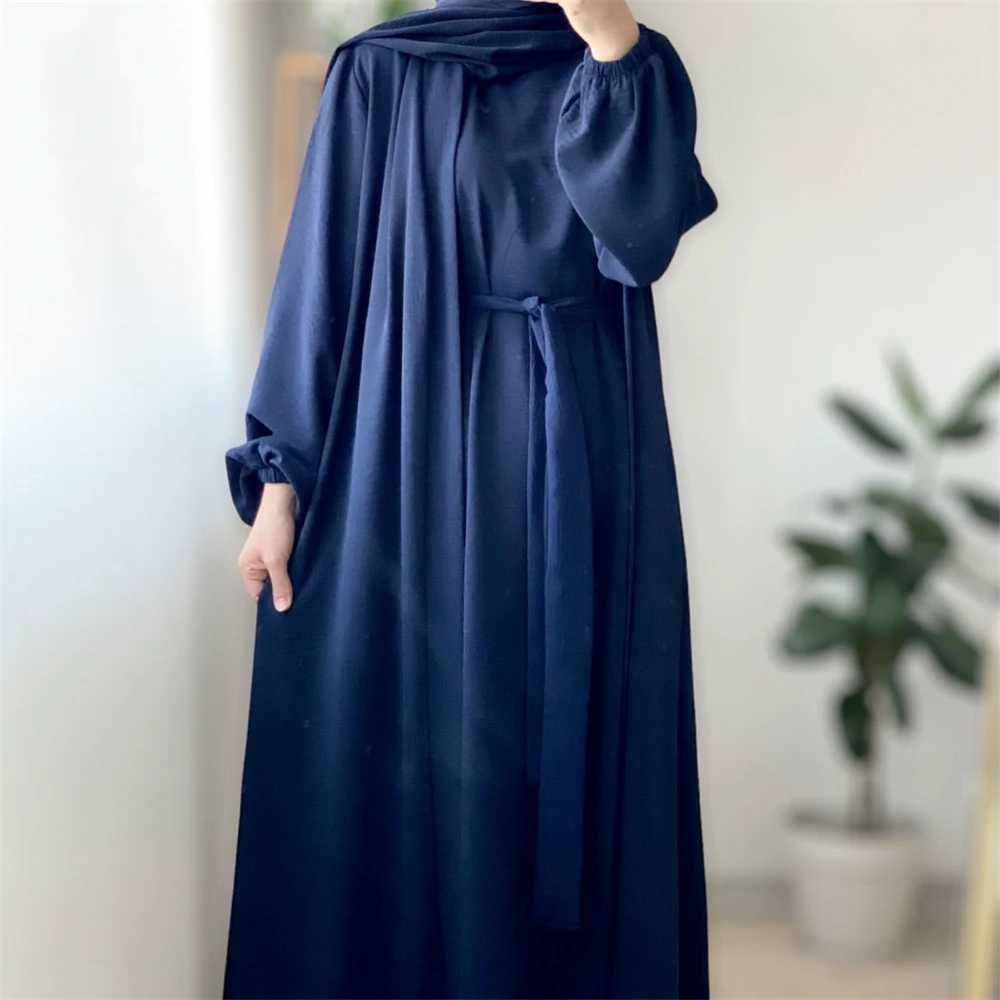 New Abaya Set Crinkle Fabric Open Abaya+Inner Long Dress Islamic Clothing Muslim Women Dresses Set Turkish Kaftan Ramadan Eid X2505141