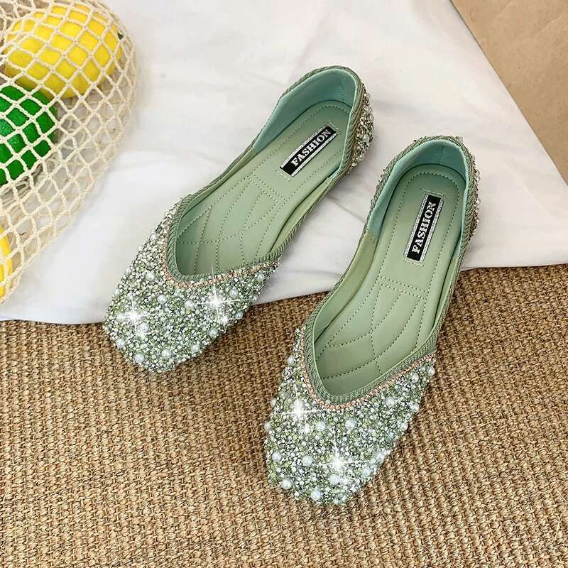 Glitter crystal pearl studs ballet shoes women square toe slip on loafers cozy shallow cut-out ballerina flats moccasins female