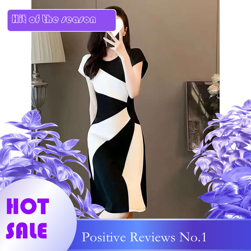 Dongdumaoyi Elegante Kleurblokjurk Voor Dames Polyester Midi Jurk Met Korte Mouwen Ronde Hals En Gestreept Patroon Geweven Casual