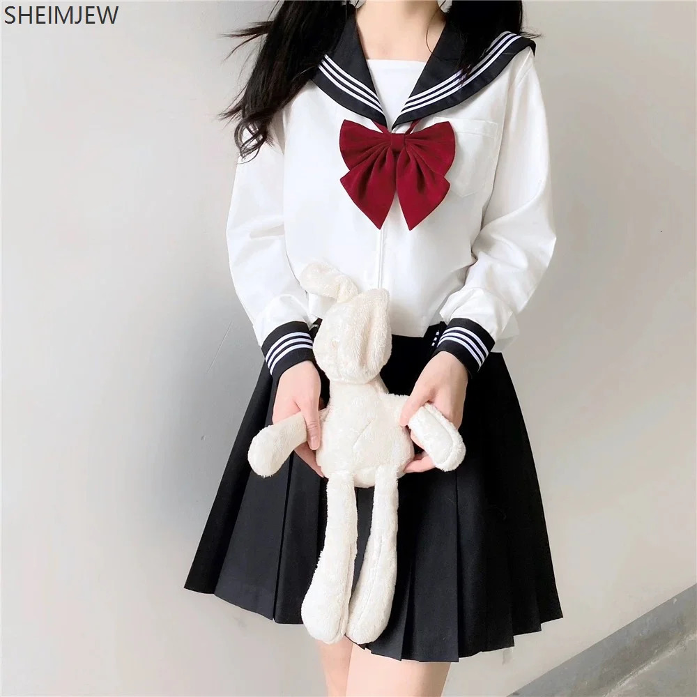 Japanese school uniform cute girl Jk suit black collar white three piece set campus sailor bow long sleeved 250326