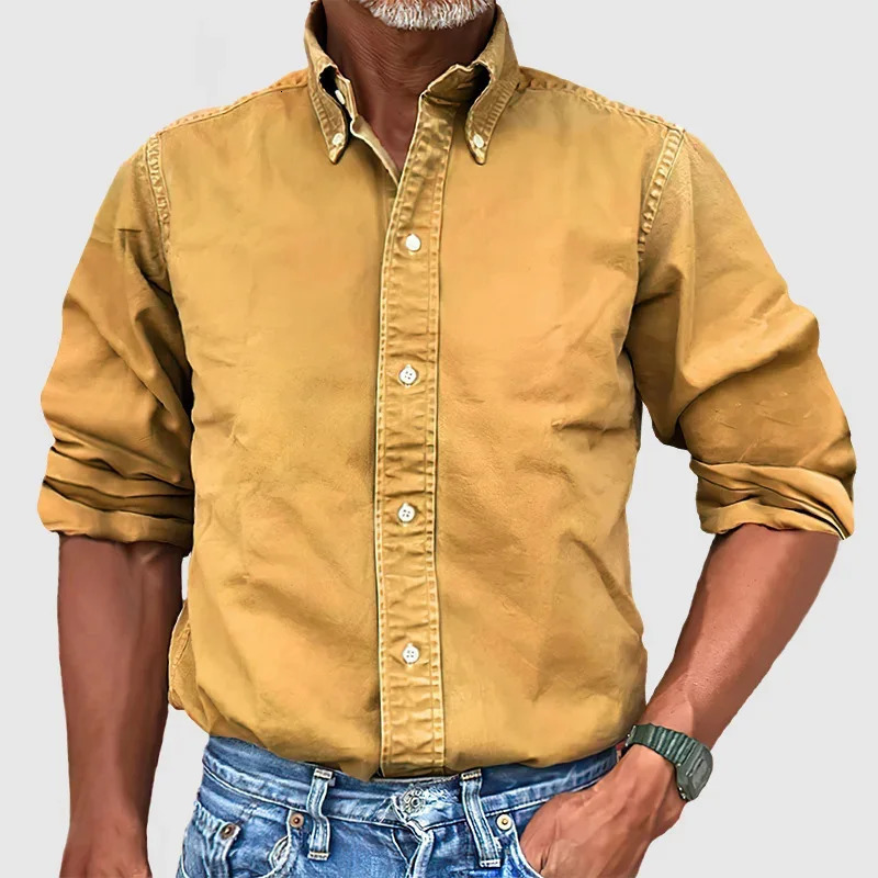 mens solid color long sleeved lapel clothing single chest shirt imitating denim 250326